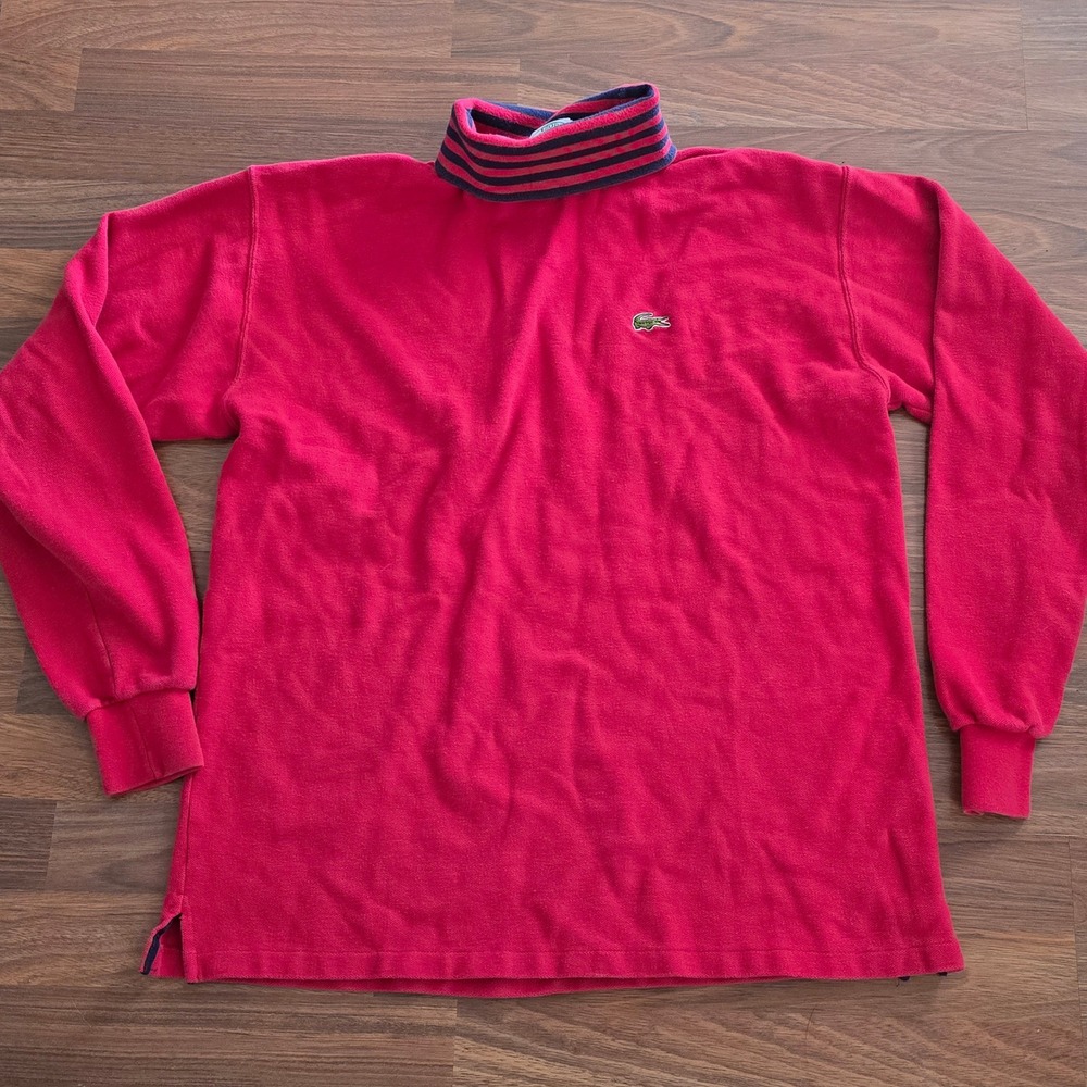 Vtg IZOD Lacoste Red Striped Mock Neck Long‎ Sleeve Shirt L USA Made Preppy